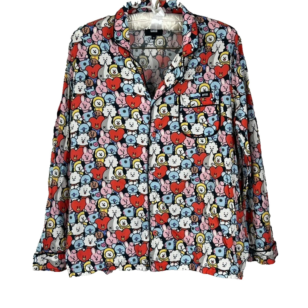 BT21 Pajama Top Allover Print Women's Size M Sleep Shirt Visible Mending Back